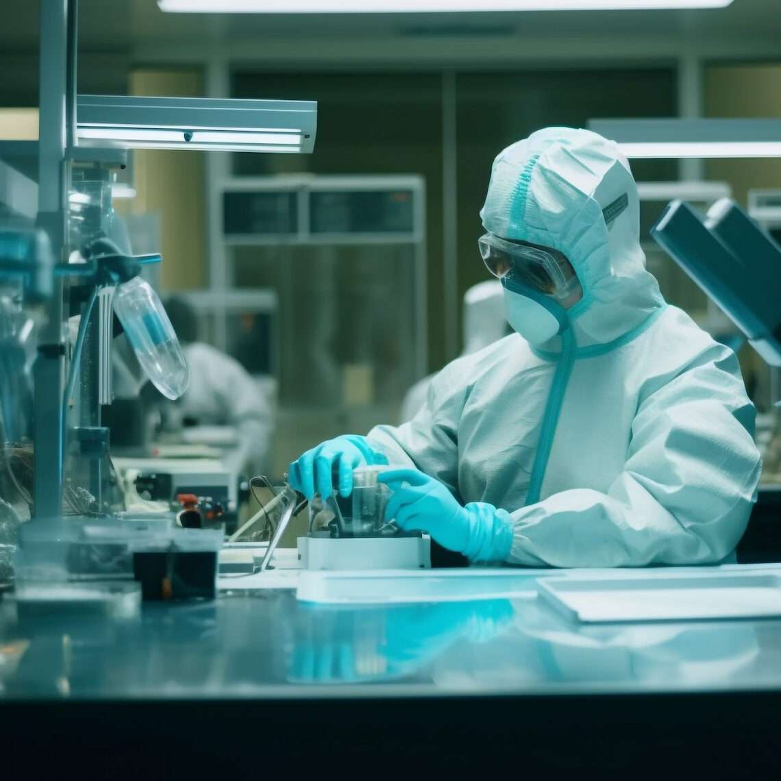 Scientist analyzing liquid, using protective equipment indoors generated by artificial intelligence