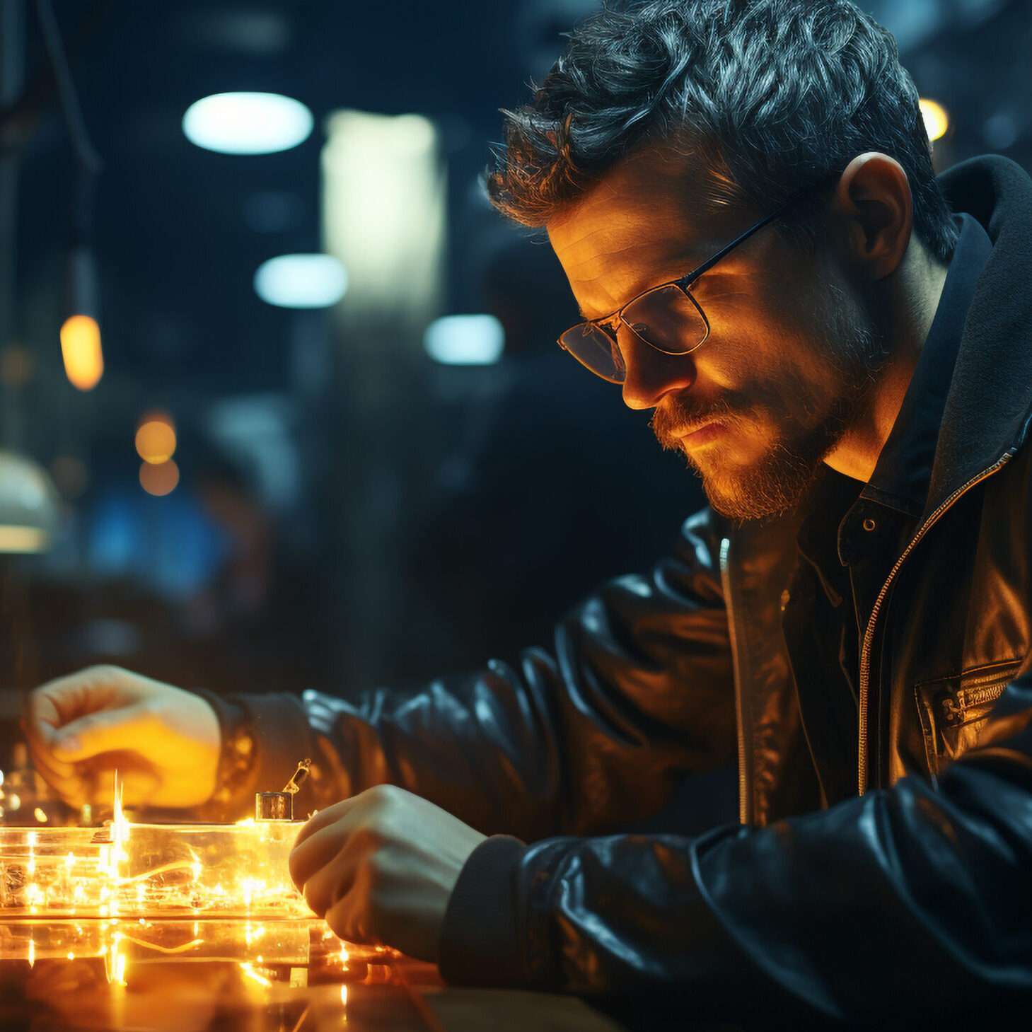 A young man sitting at a bar, enjoying the nightlife generated by artificial intelligence